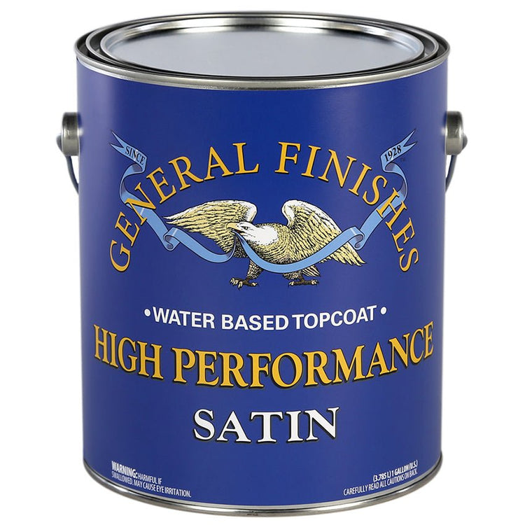 Gallon can of General Finishes High Performance water-based polyurethane topcoat in satin sheen