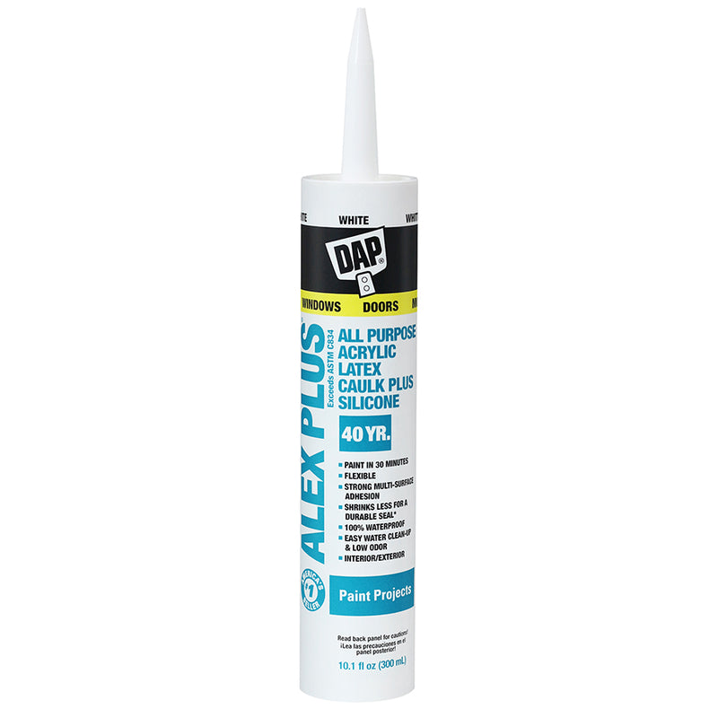 DAP Alex Plus Cart Ltx W Sil Wh All Purpose Acrylic Latex Caulk Silicone Project Weekend DIY
