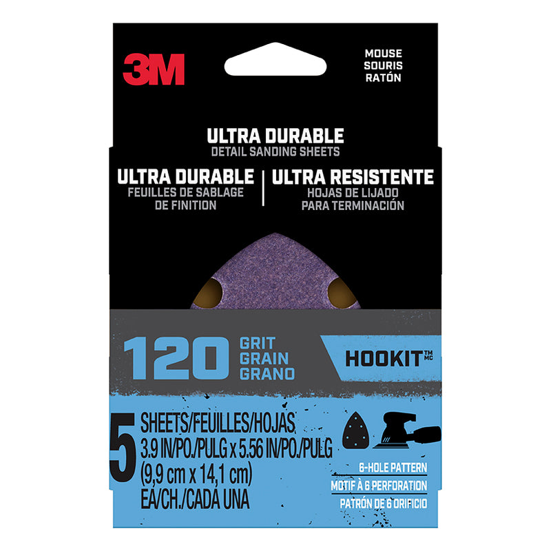 3M Hookit Ultra Durable Mouse Detail Sanding Sheets, 120-Grit, 5-Pack