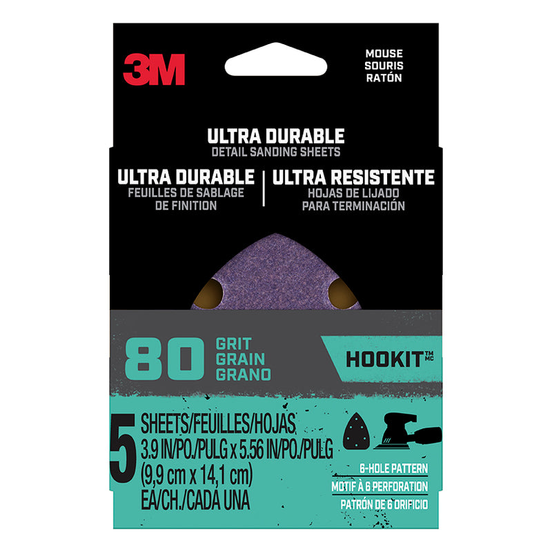 3M Hookit Ultra Durable Mouse Detail Sanding Sheets, 80-Grit, 5-Pack