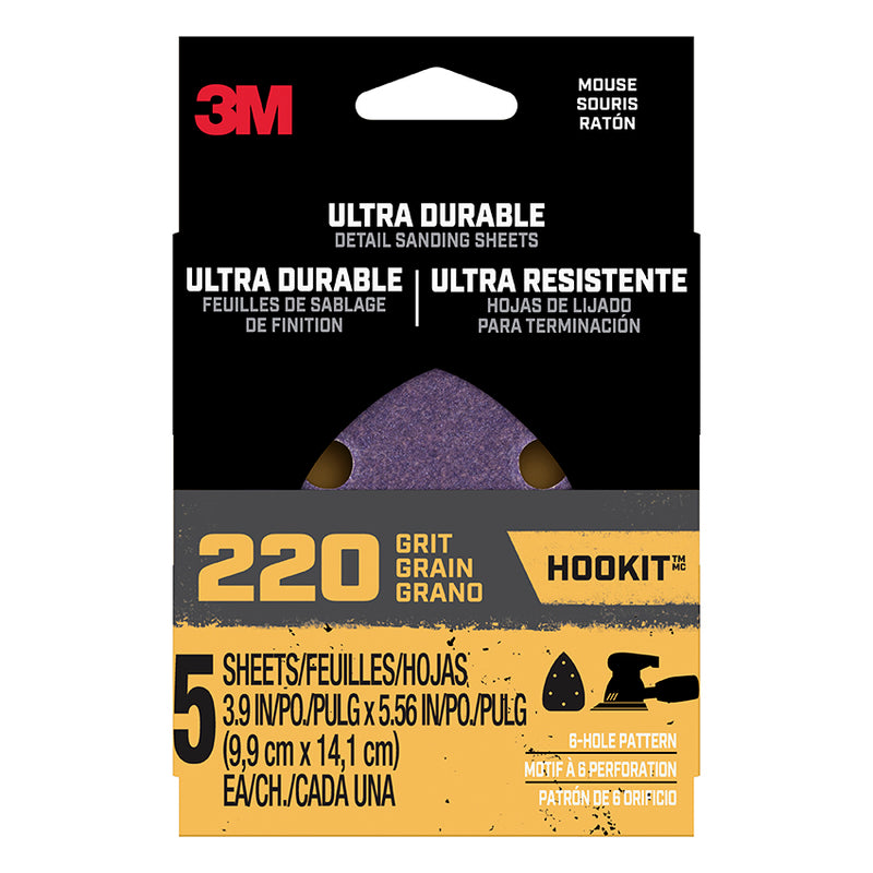 3M Hookit Ultra Durable Mouse Detail Sanding Sheets, 220-Grit, 5-Pack