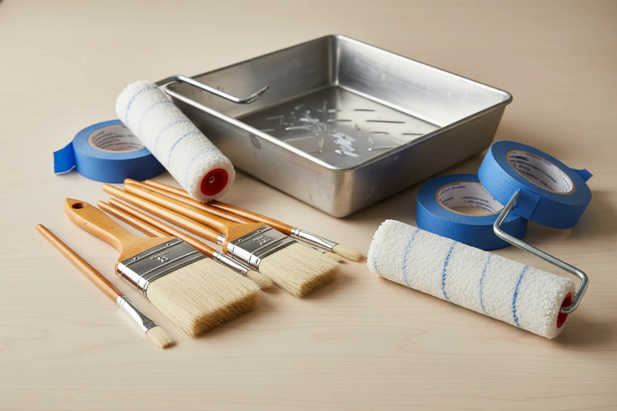 Paint roller, tray, brushes and blue painter's tape